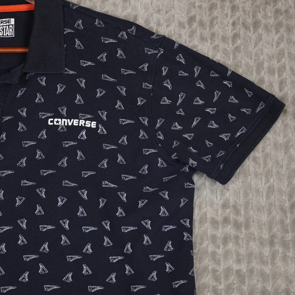 Converse Polo Shirt Boys L Navy Blue All Over Sneaker Print Short Sleeve Pique